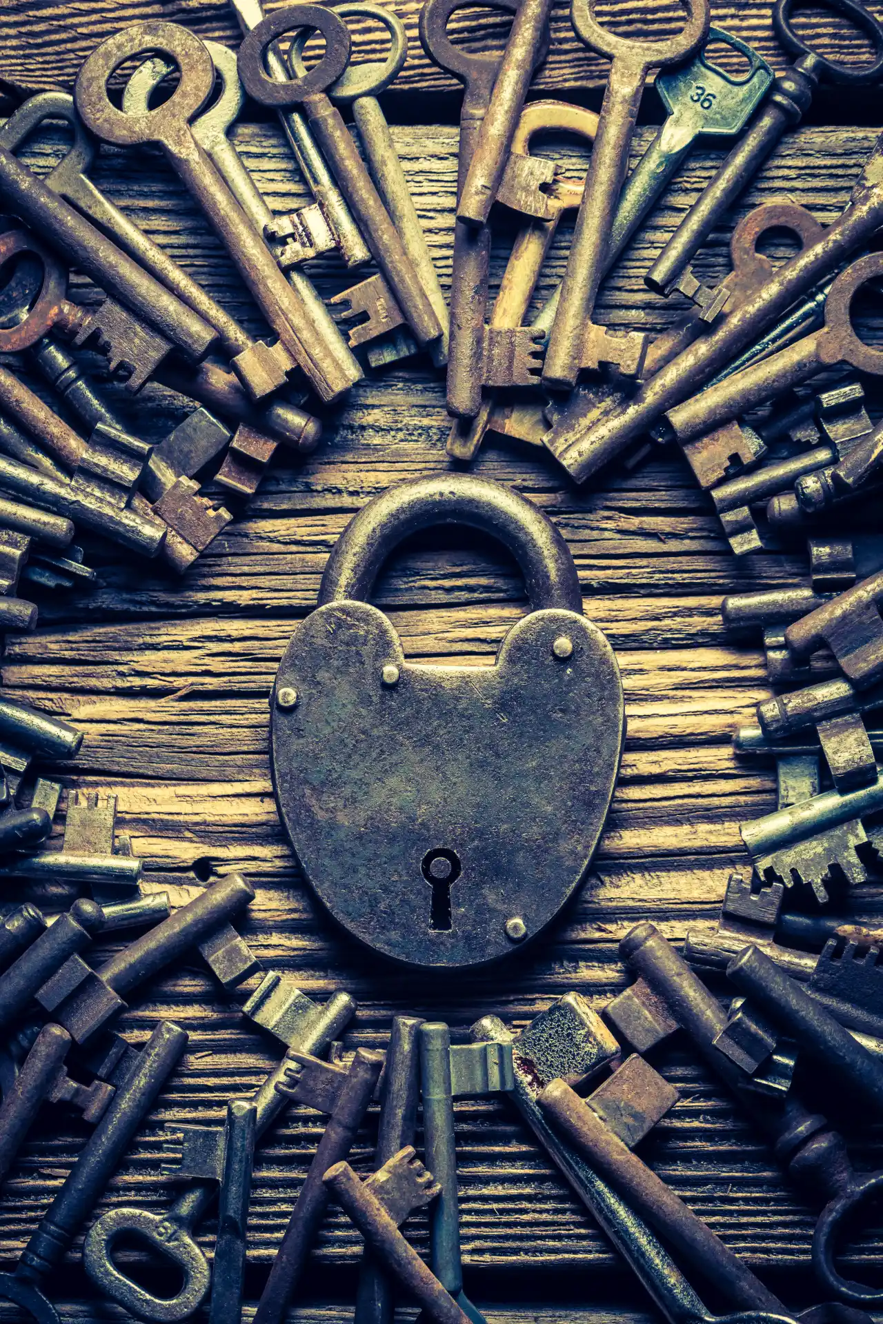 Old locks and keys on old wooden table