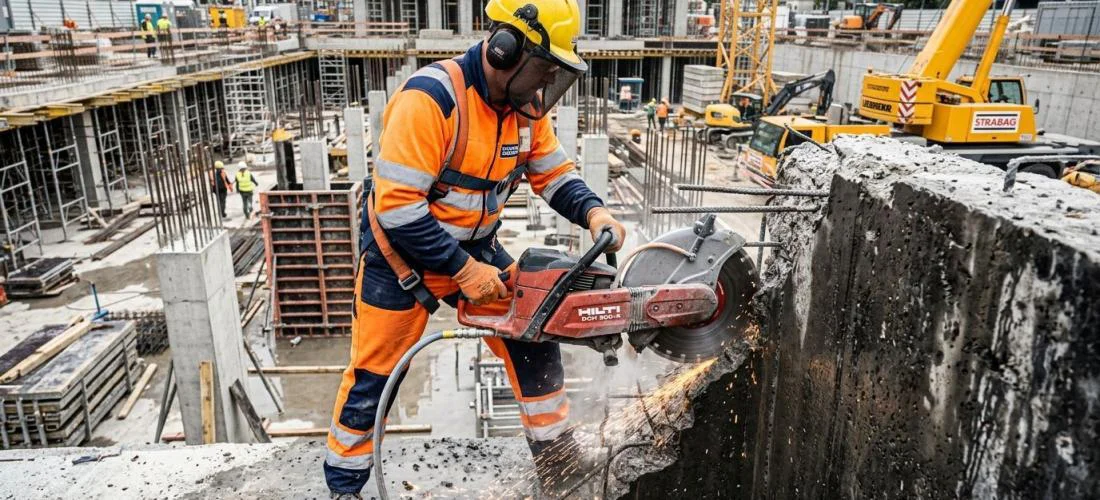 Man using a concrete cutter on a worksite